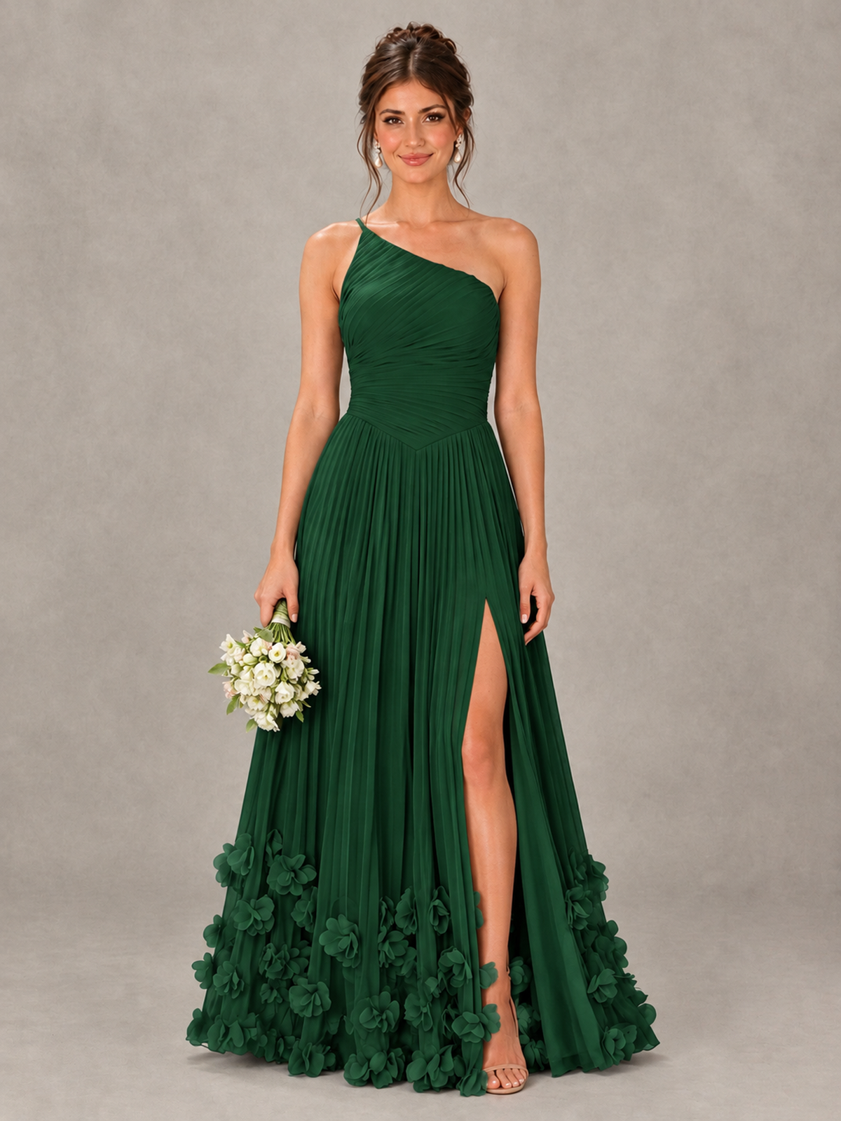 BOLODOO Emerald Green One-Shoulder Pleated Bridesmaid Dress with 3D Floral Hem - Emerald Green - Emerald Green_1