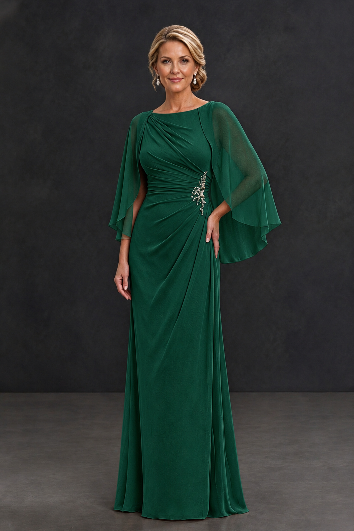 BOLODOO Emerald Green Cape Sleeve Mother of the Bride Dress with Ruched Waist - Emerald Green - Emerald Green_1