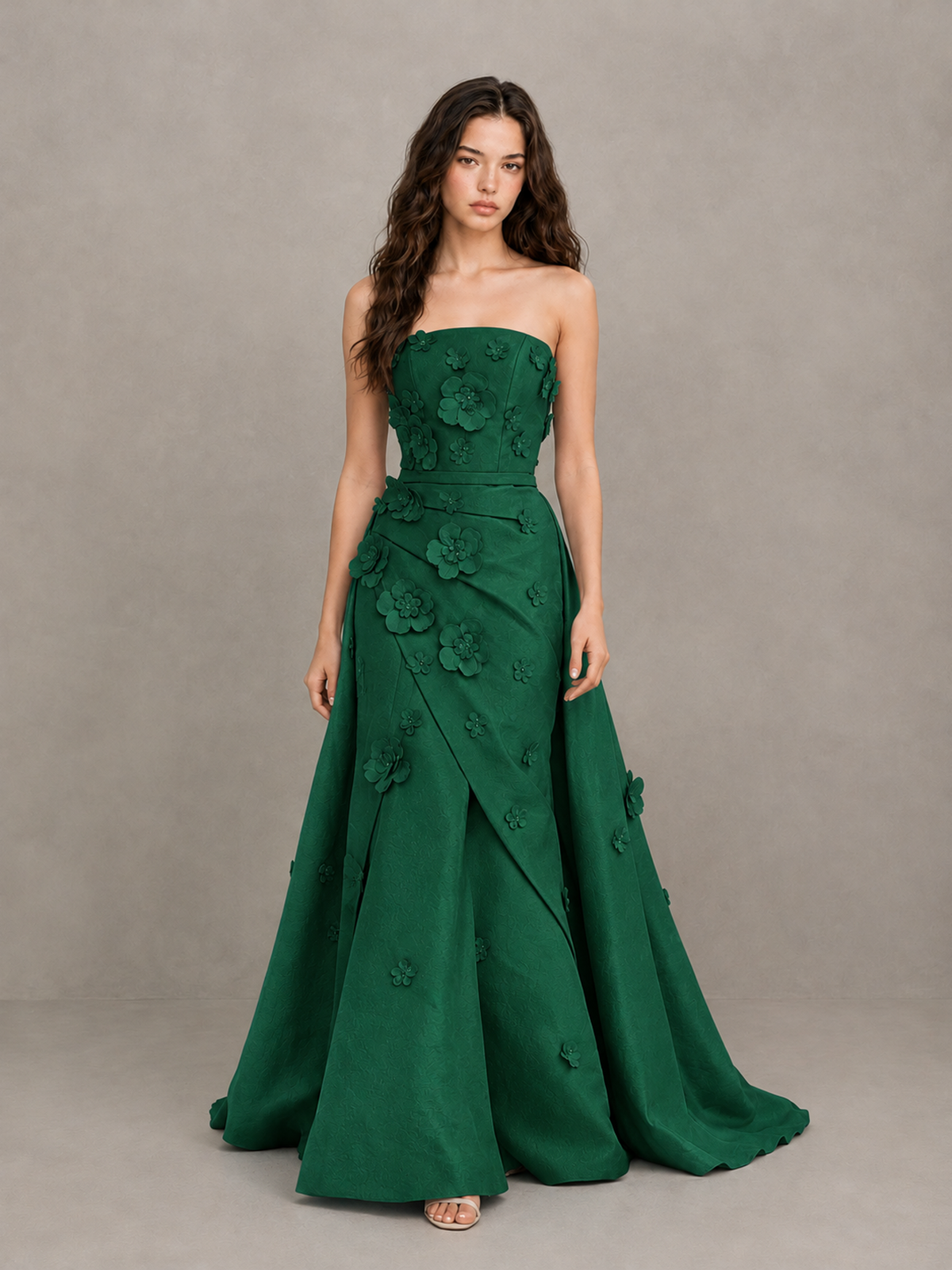 BOLODOO Emerald Green Strapless 3D Floral Applique Prom Gown with Draped Skirt - Emerald Green - Emerald Green(1)
