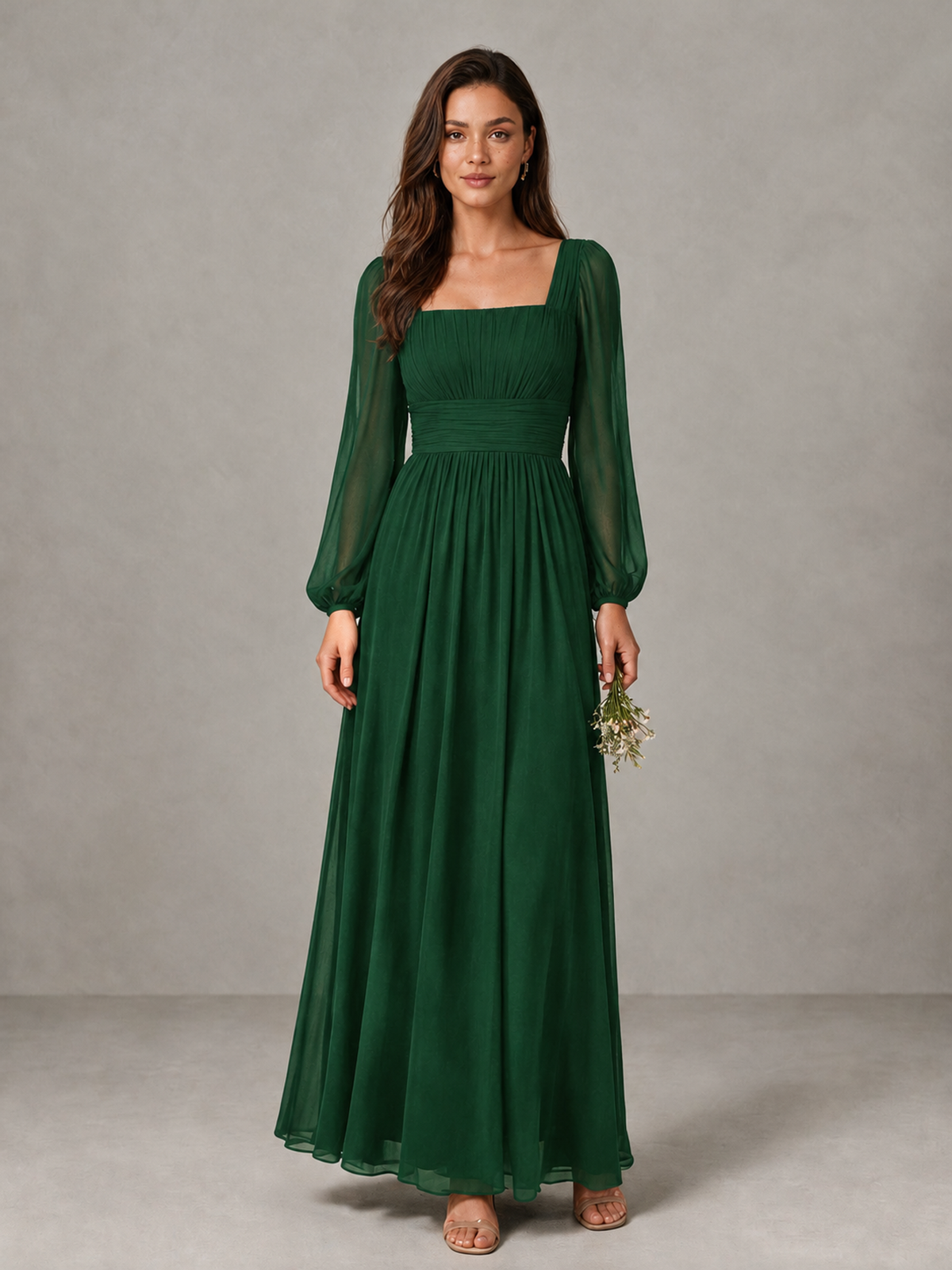 BOLODOO Emerald Green Square Neck Long Sleeve Chiffon Bridesmaid Dress - Emerald Green - Emerald Green_1