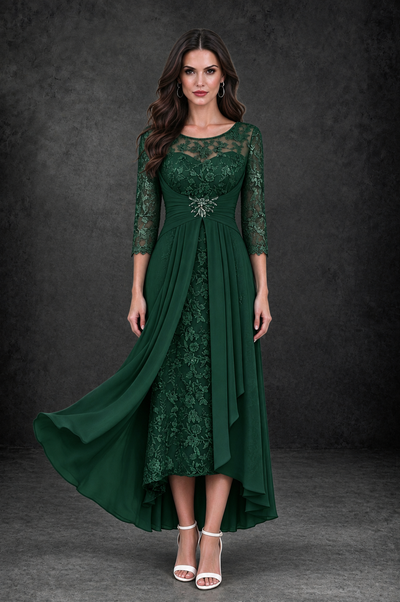 BOLODOO Emerald Green Sequin Lace & Chiffon Tea-Length Mother of the Bride Dress with 3/4 Sleeves - Emerald Green - Emerald_Green_1