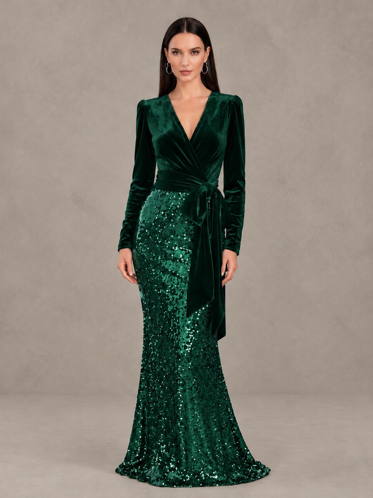 BOLODOO Emerald Green Velvet & Sequin Long Sleeve V-Neck Mermaid Evening Gown - Emerald Green - Emerald Green_1