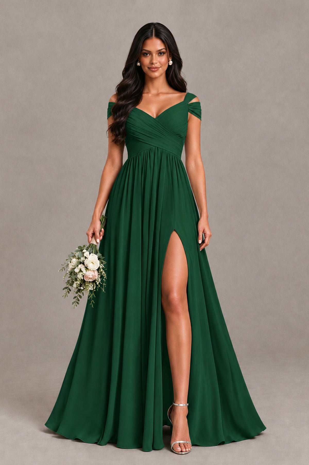 BOLODOO Emerald Green Cold Shoulder Chiffon Evening Dress with V Neck and High Slit - Emerald Green - Emerald Green_1