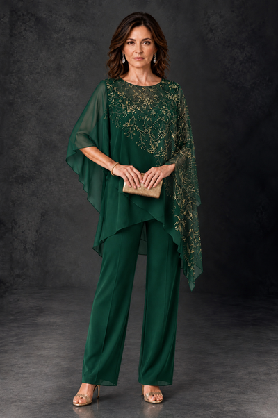 BOLODOO Emerald Green Embellished Cape Pant Suit for Mother of the Bride - Emerald Green - Emerald_Green_1