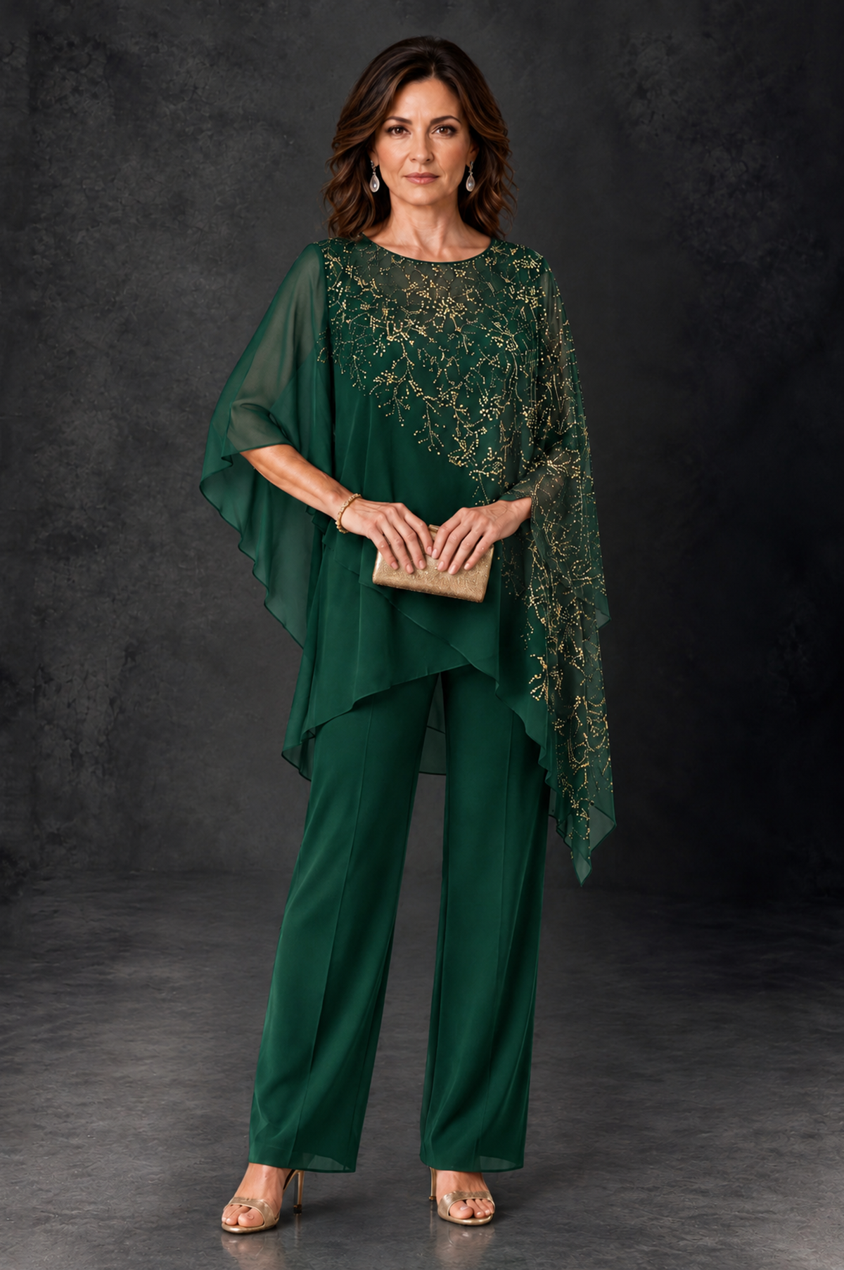BOLODOO Emerald Green Embellished Cape Pant Suit for Mother of the Bride - Emerald Green - Emerald_Green_1