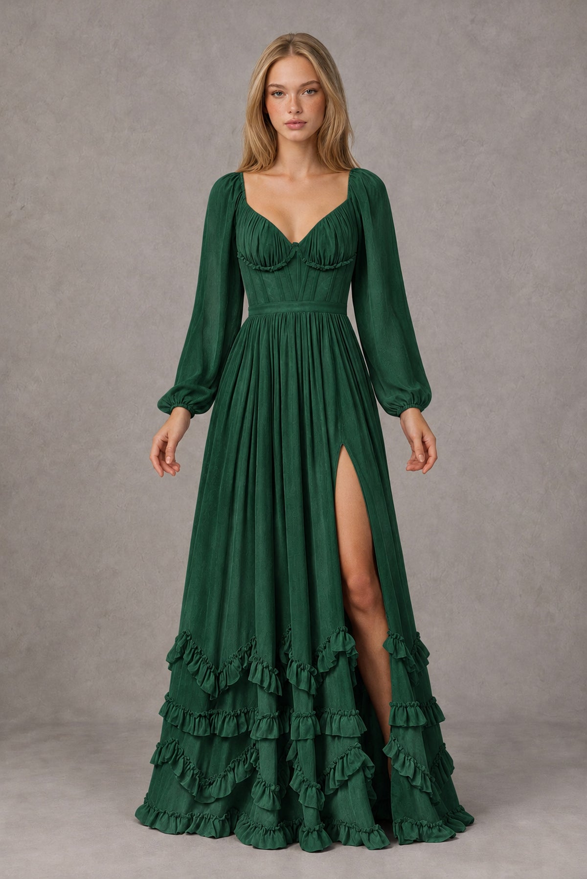 Emerald Green Long-Sleeve Ruffle Maxi Dress with Lace-Up Back and Slit - Emerald Green