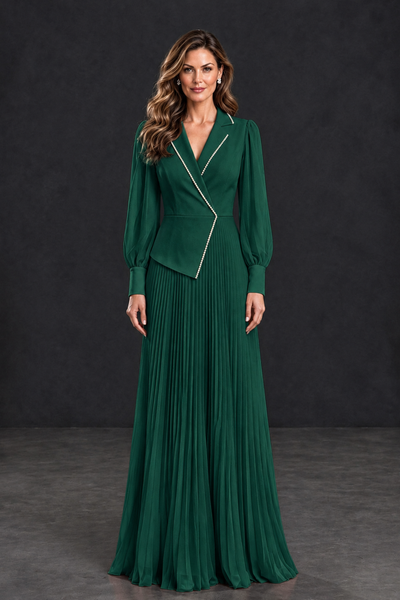 BOLODOO Emerald Green Long Sleeve Pleated Mother of the Bride Dress - Emerald Green - Emerald Green_1