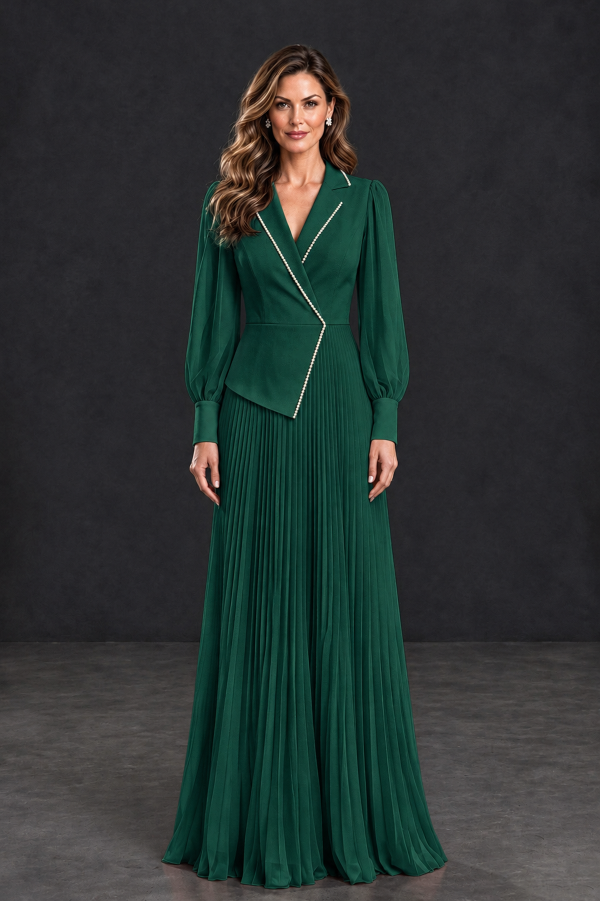 BOLODOO Emerald Green Long Sleeve Pleated Mother of the Bride Dress - Emerald Green - Emerald Green_1