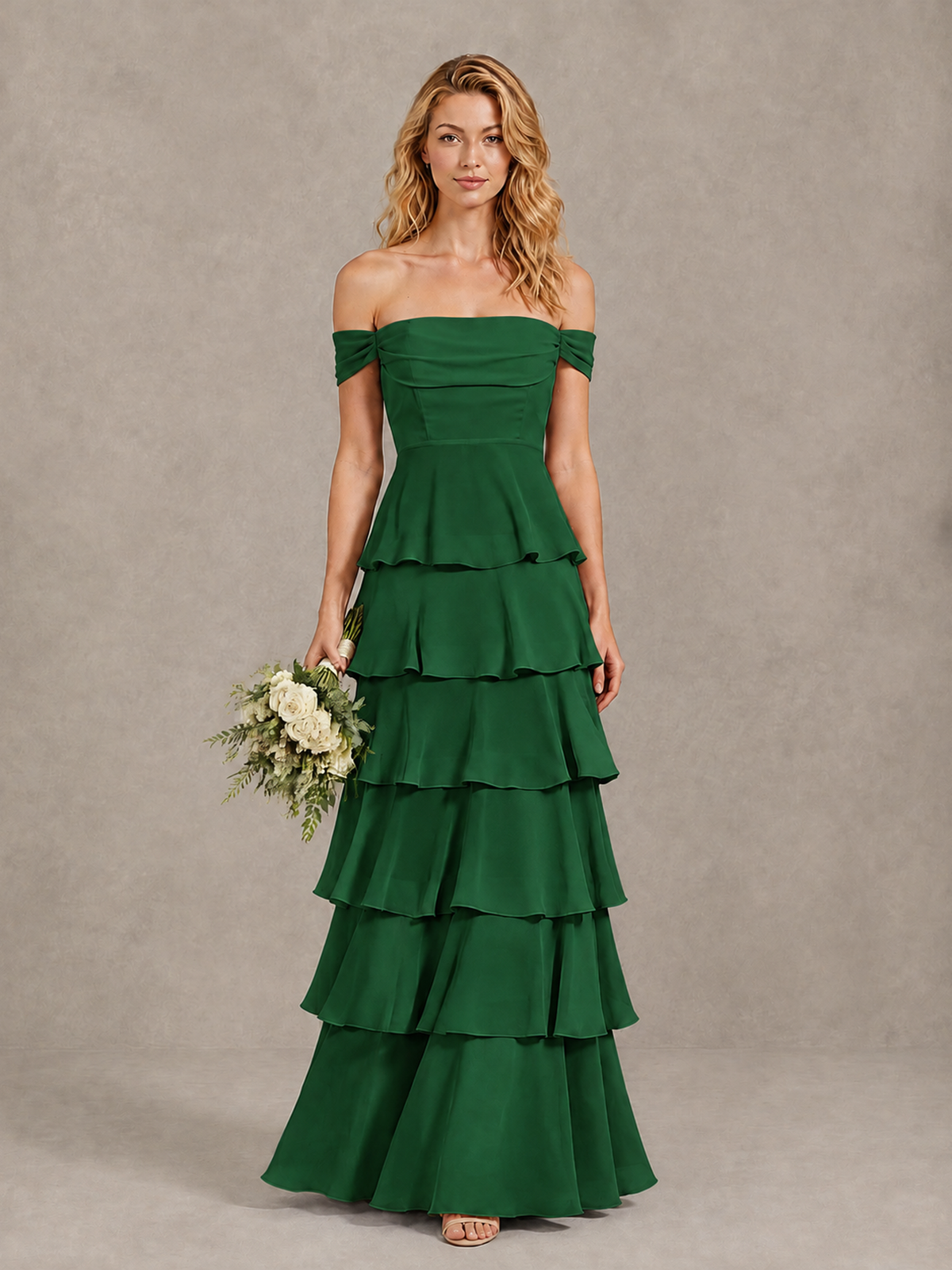 BOLODOO Emerald Green Off-Shoulder Tiered Ruffle Bridesmaid Dress with Lace-Up Back - Emerald Green - Emerald Green_1