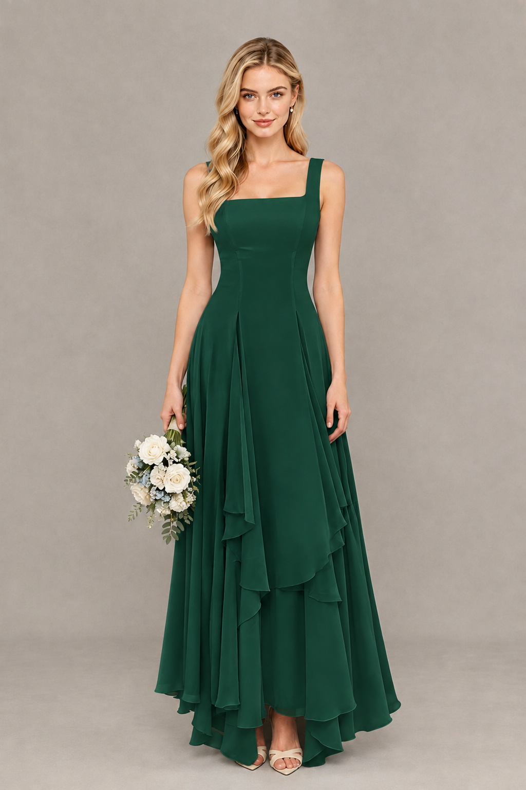 BOLODOO Emerald Green Square Neck Chiffon Bridesmaid Dress with Lace-Up Back - Emerald Green