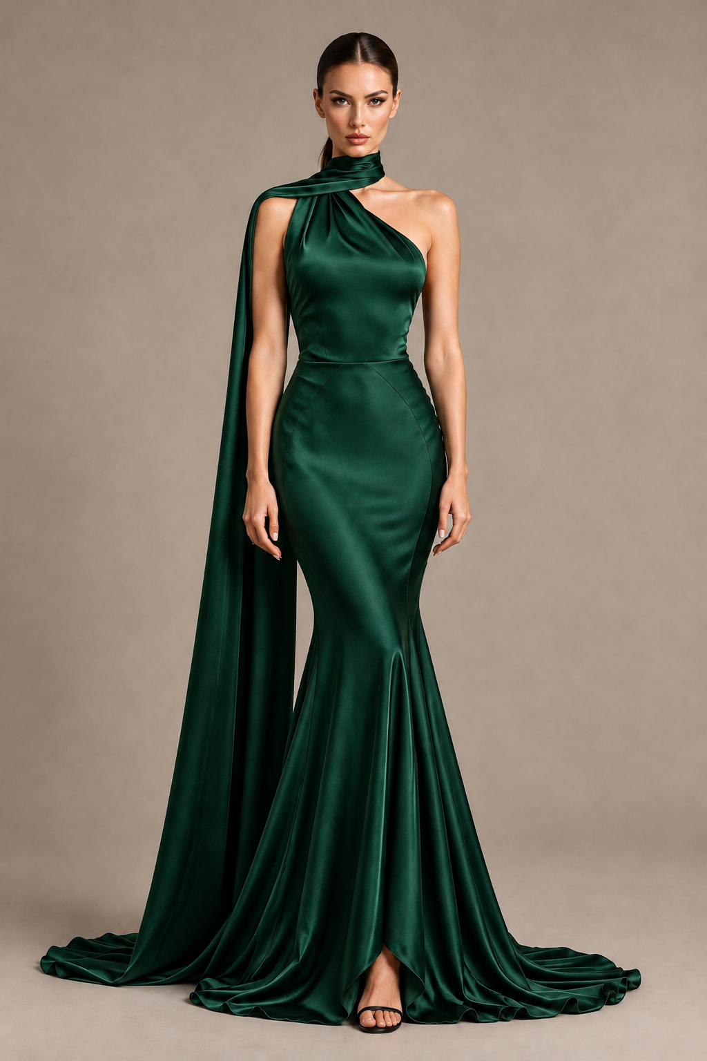 BOLODOO Emerald Green One-Shoulder Satin Mermaid Evening Dress with Scarf - Emerald Green - Emerald Green_1
