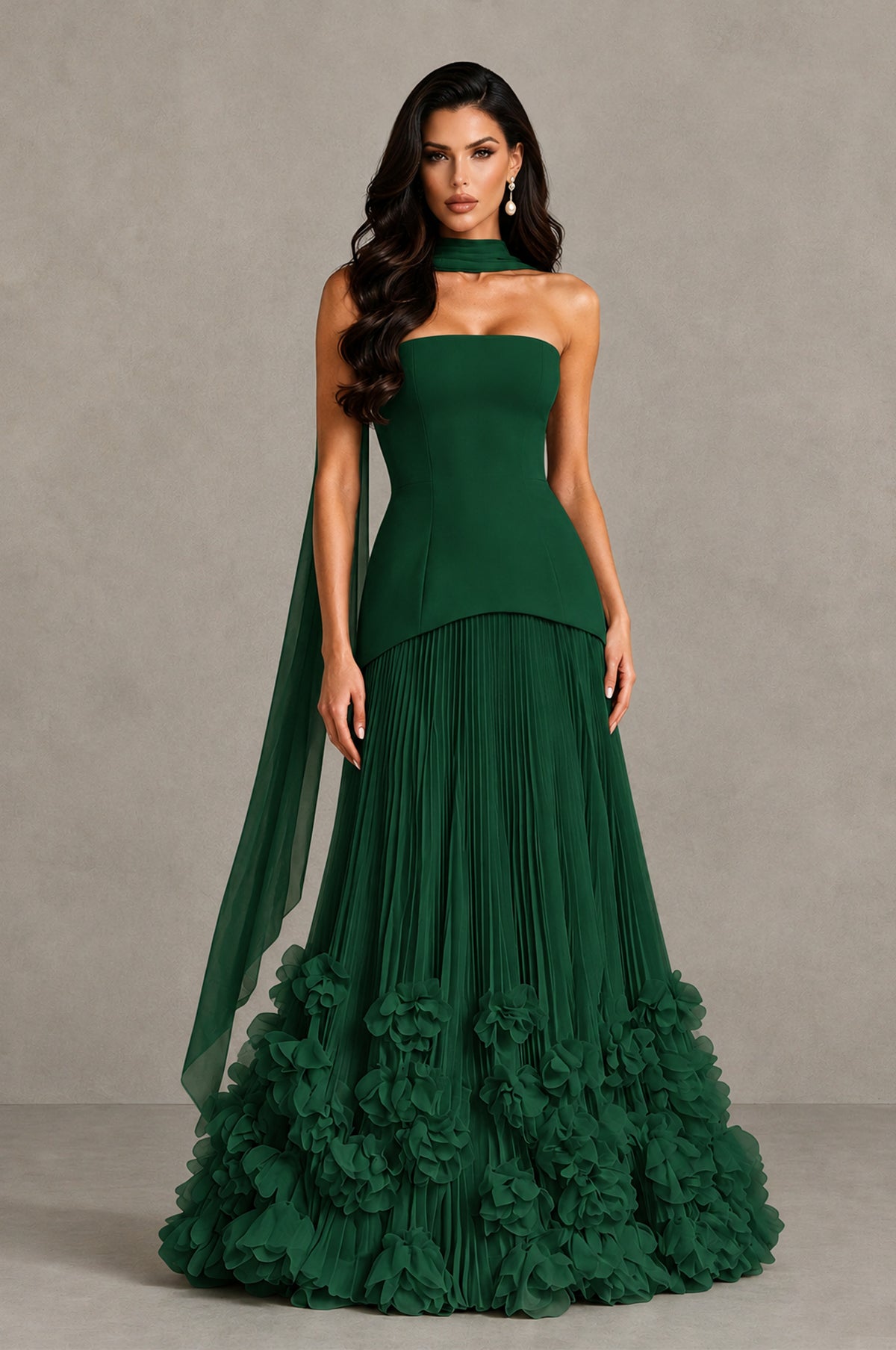 BOLODOO Emerald Green Strapless Pleated Floral Hem Evening Gown - Emerald Green - Emerald Green_1