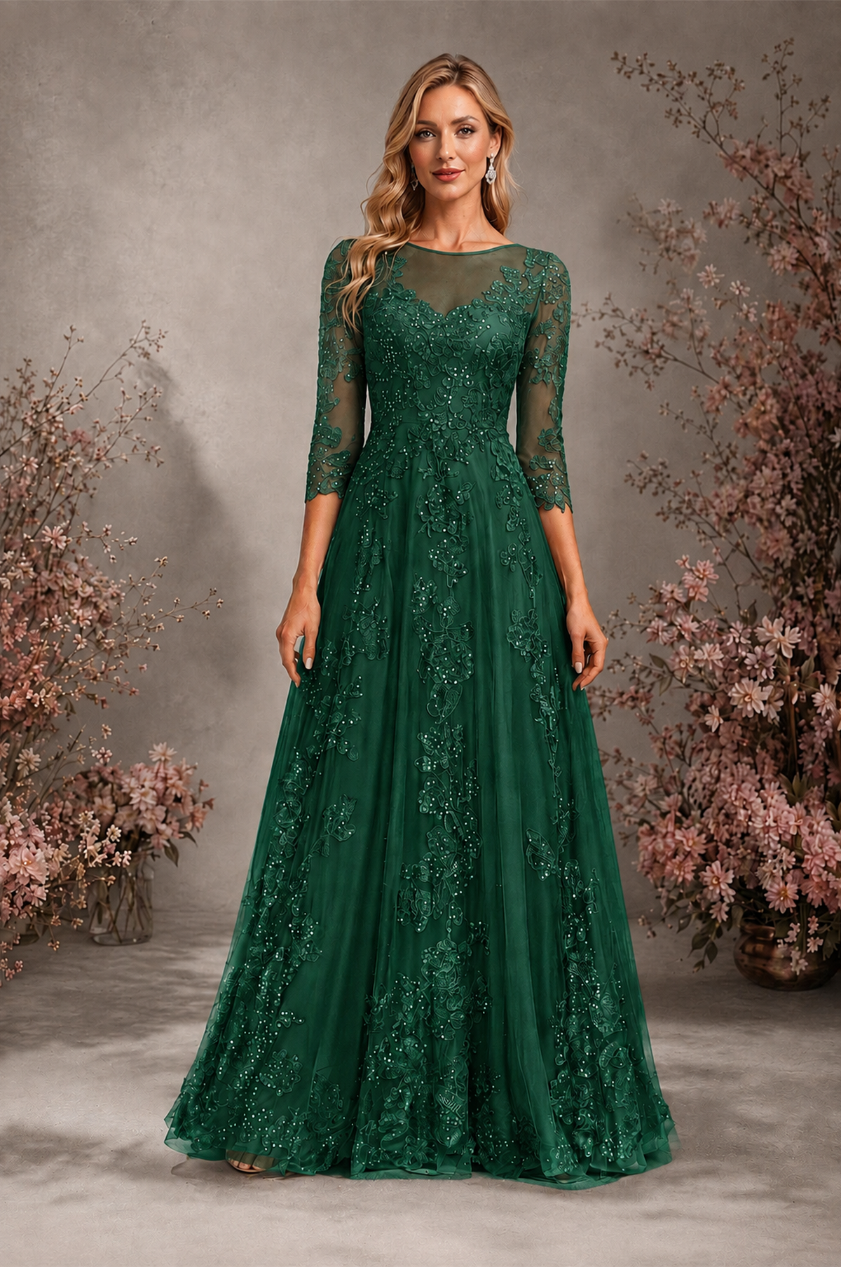 BOLODOO Emerald Green Sequin Lace 3/4 Sleeve Open Back Formal Evening Gown - Emerald Green