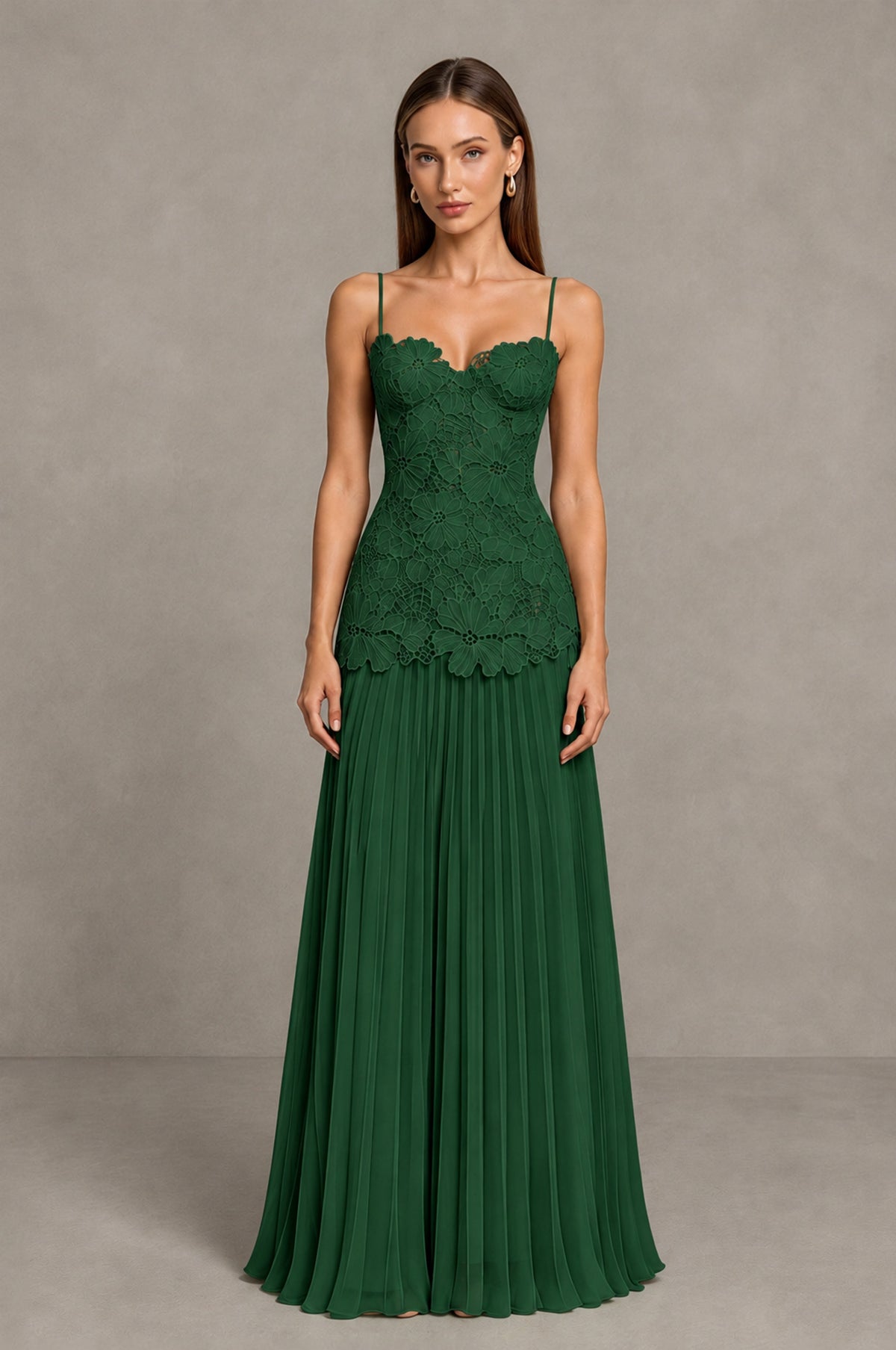 BOLODOO Emerald Green Lace Bodice Pleated Wedding Guest Dress - Emerald Green - Emerald Green_1
