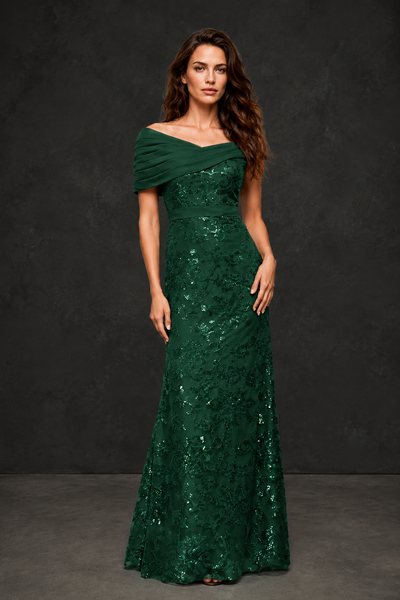 BOLODOO Emerald Green Off-Shoulder Sequin Lace Mermaid Evening Gown | Mother of the Bride Formal Dress - Emerald Green