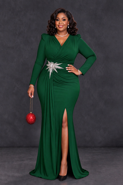 BOLODOO Emerald Green Plus Size Long Sleeve V-Neck Mother of the Bride Dress with Slit - Emerald Green - Emerald Green_1