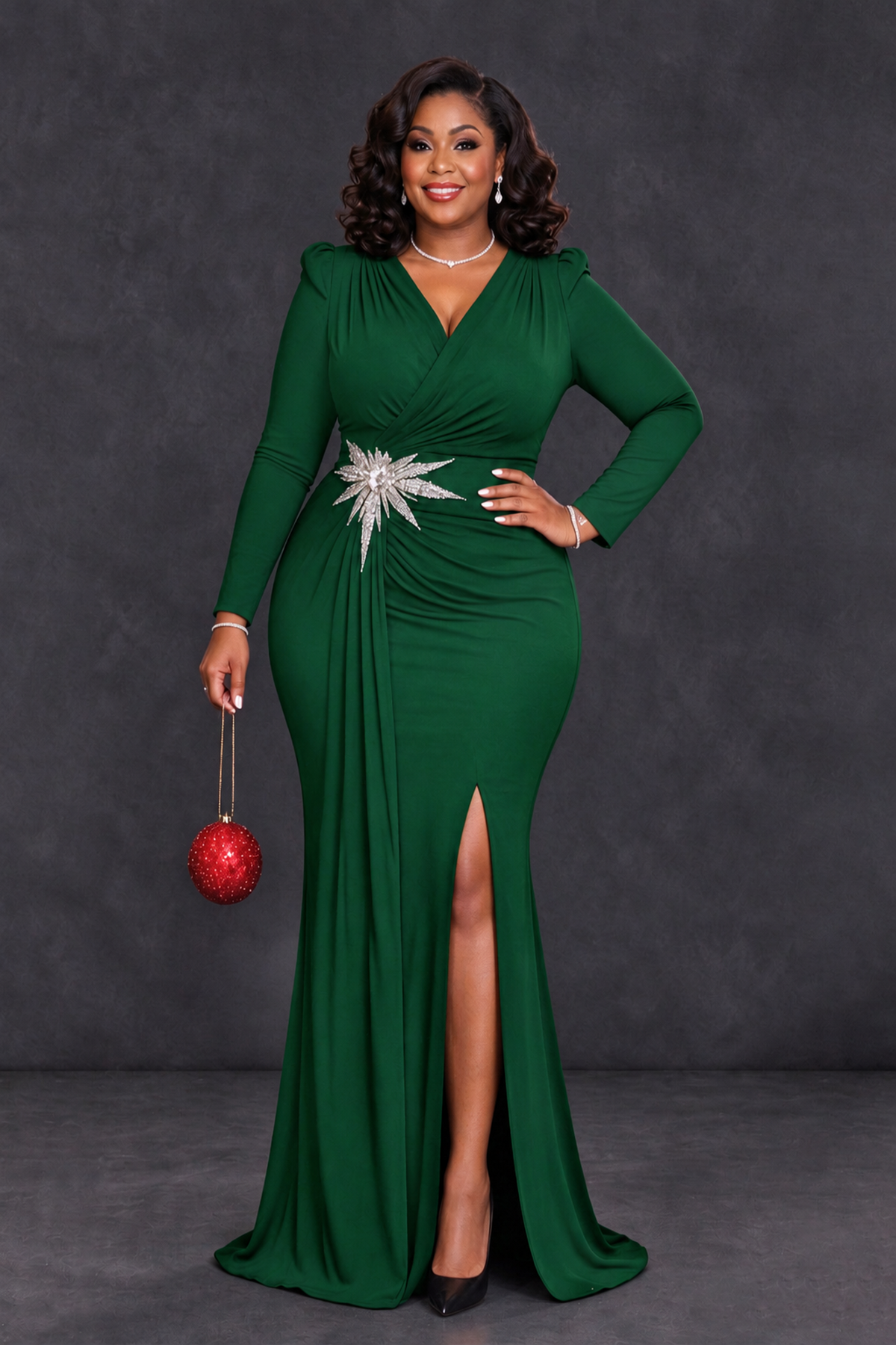 BOLODOO Emerald Green Plus Size Long Sleeve V-Neck Mother of the Bride Dress with Slit - Emerald Green - Emerald Green_1