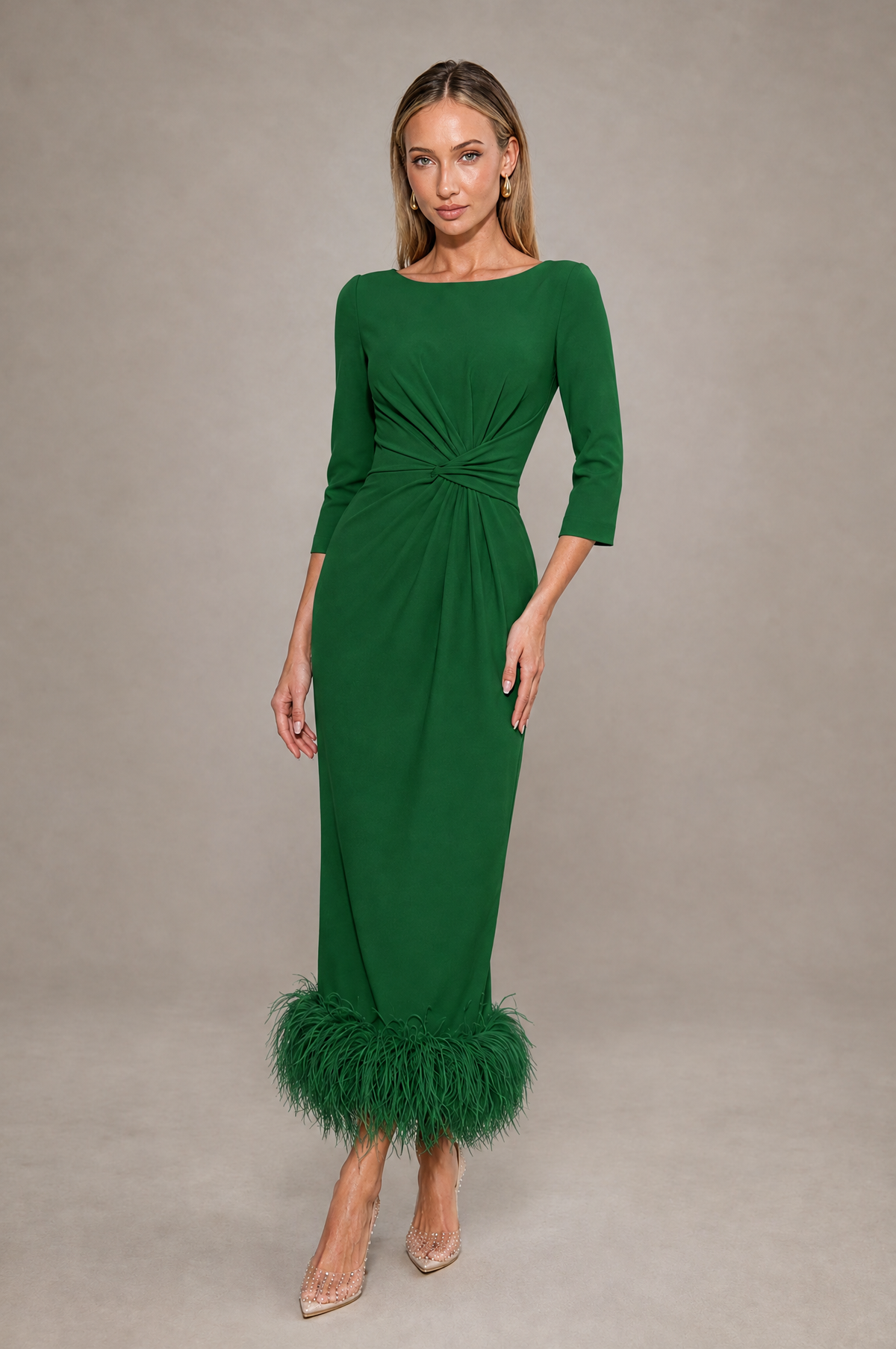 BOLODOO Emerald Green Feather-Trim Twist-Waist Midi Dress - Emerald Green - Emerald_Green_1
