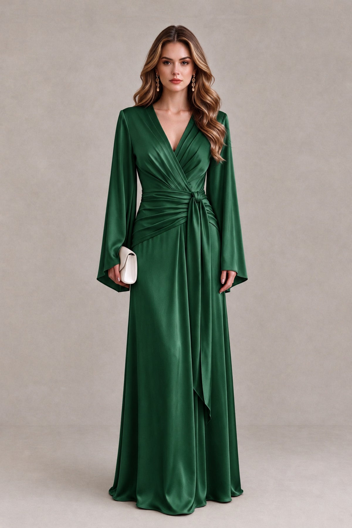 BOLODOO Emerald Green Yellow Satin-Look V-Neck Long Bell Sleeve Evening Dress - Emerald Green - Emerald_Green_1