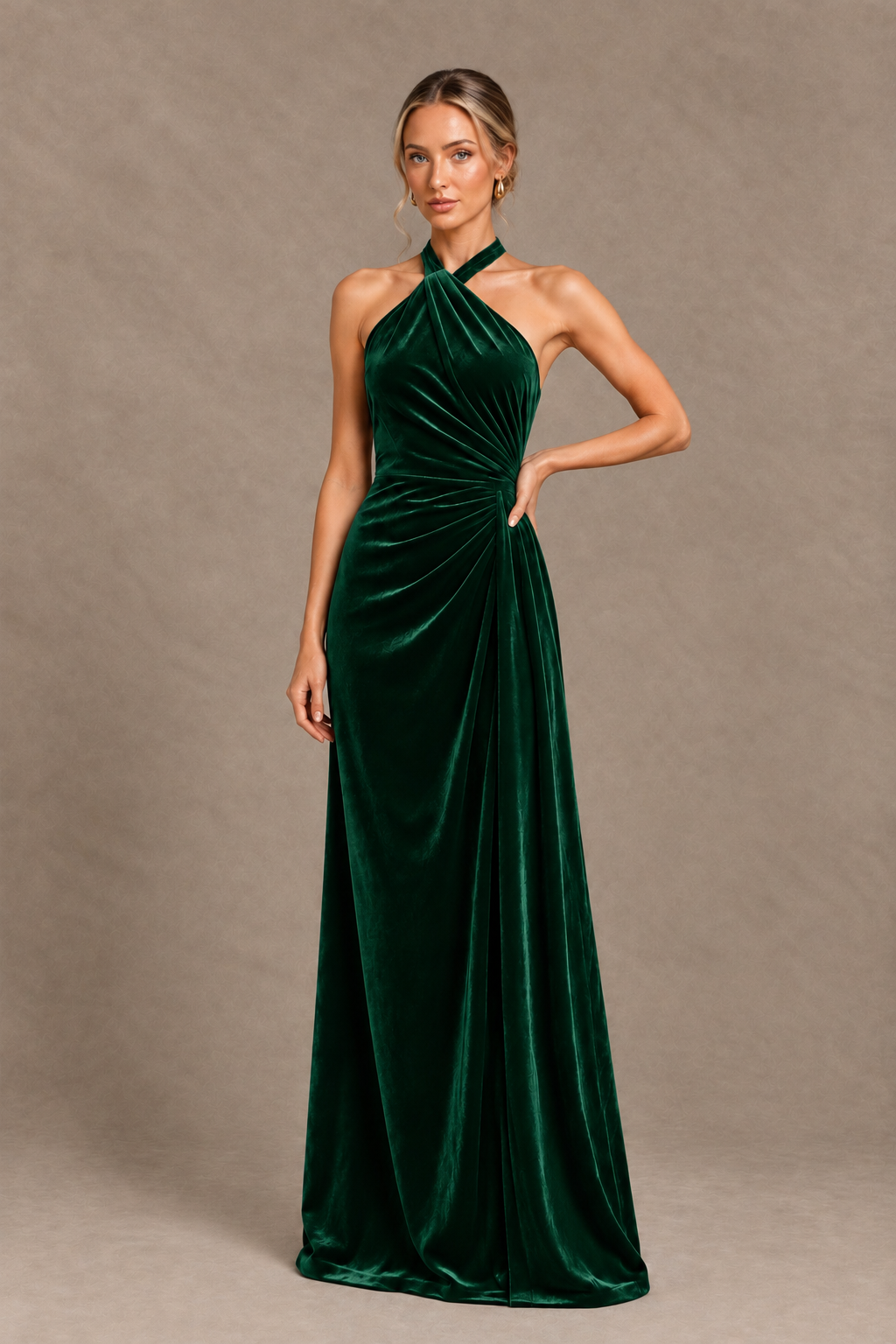 BOLODOO Emerald Green Velvet Halter Open-Back Ruched Evening Dress - Emerald Green - Emerald Green_1