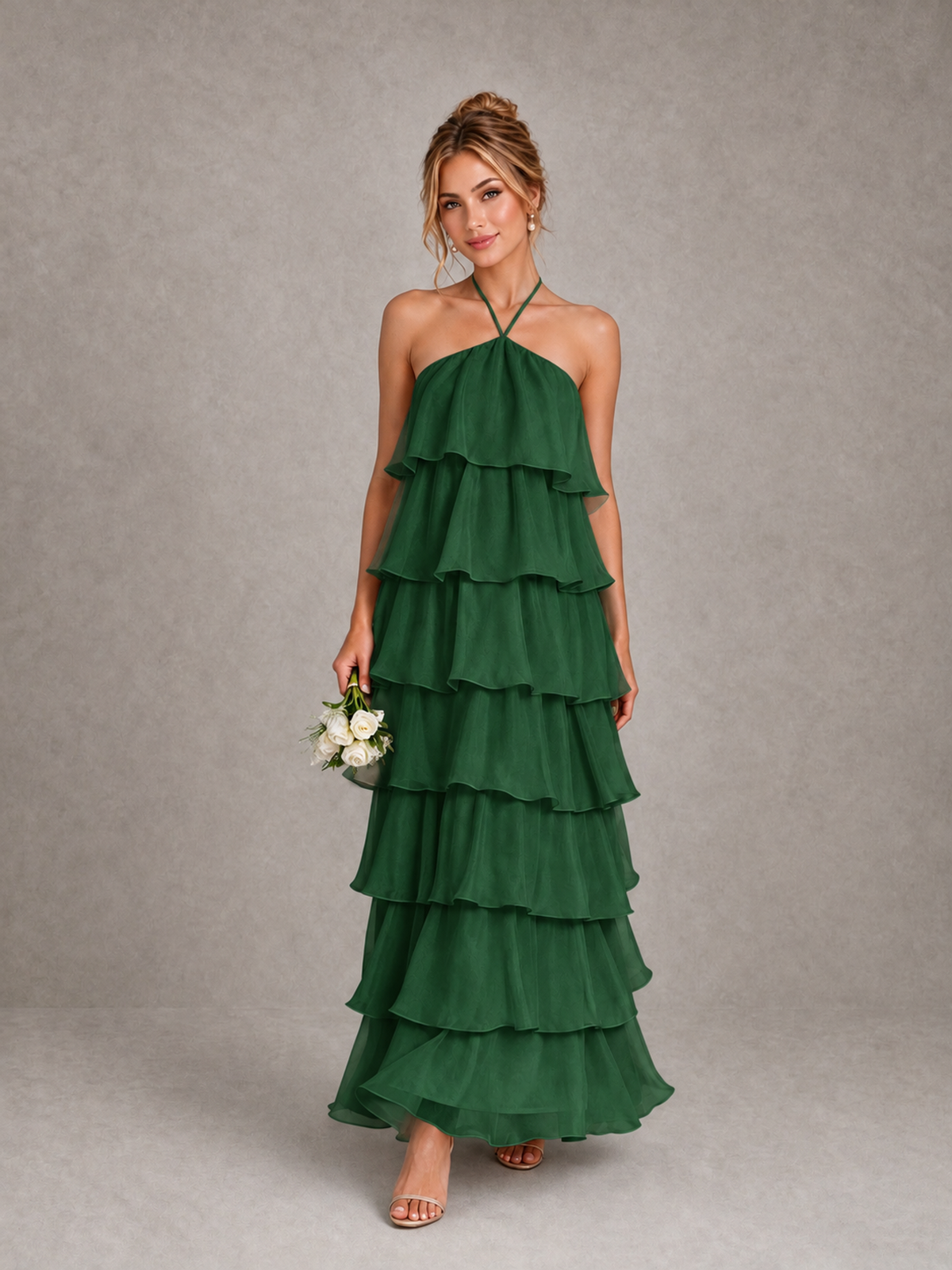 BOLODOO Emerald Green Halter Tiered Ruffle Maxi Bridesmaid Dress - Emerald Green - Emerald Green_1