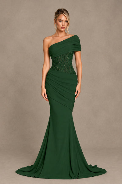 BOLODOO Emerald Green One-Shoulder Sequin Embroidered Ruched Mermaid Gown with Train - Emerald Green - Emerald Green_1