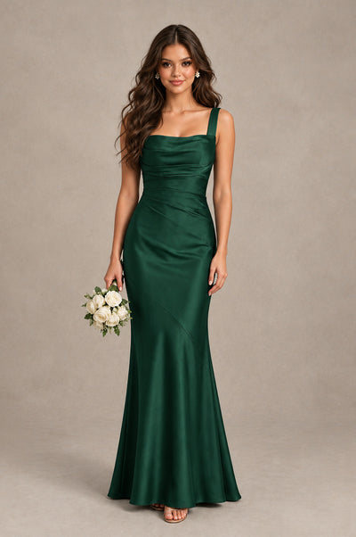 BOLODOO Emerald Green Square Neck Ruched Satin Lace-Up Bridesmaid Dress - Emerald Green - Emerald Green_1
