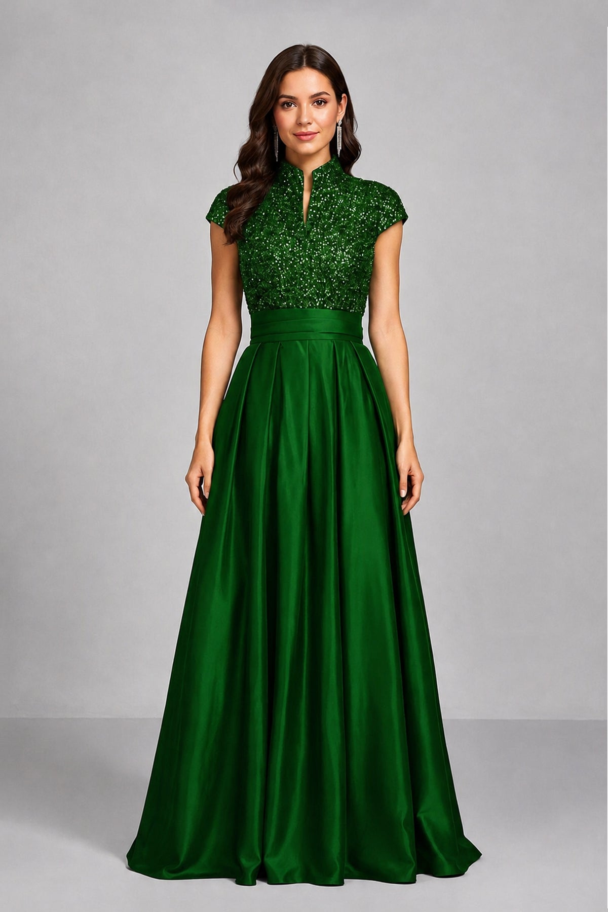 BOLODOO Emerald Green Sequin Embroidered High Neck Cap Sleeve A-Line Ball Gown – Formal Evening Dress - Emerald Green