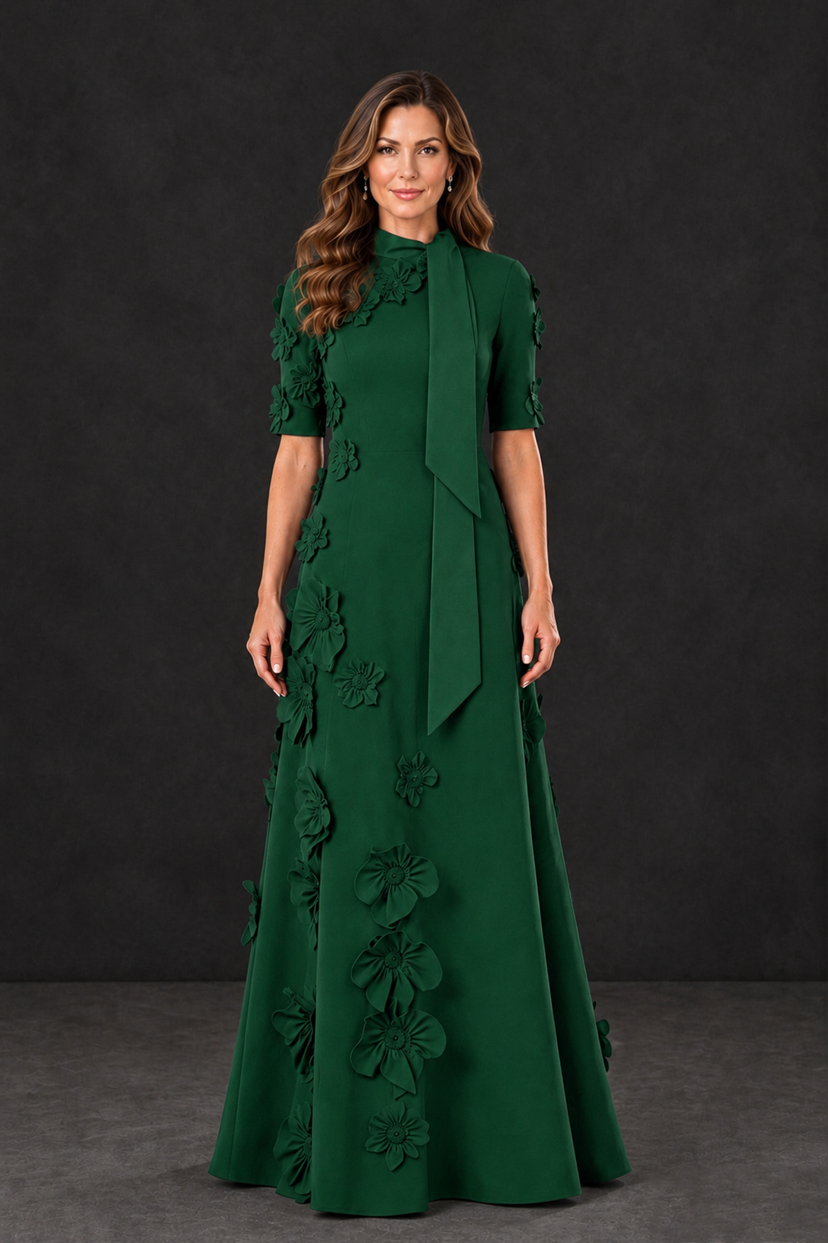 BOLODOO Emerald Green Floral Applique High-Neck Half-Sleeve Gown - Emerald Green - Emerald Green_1
