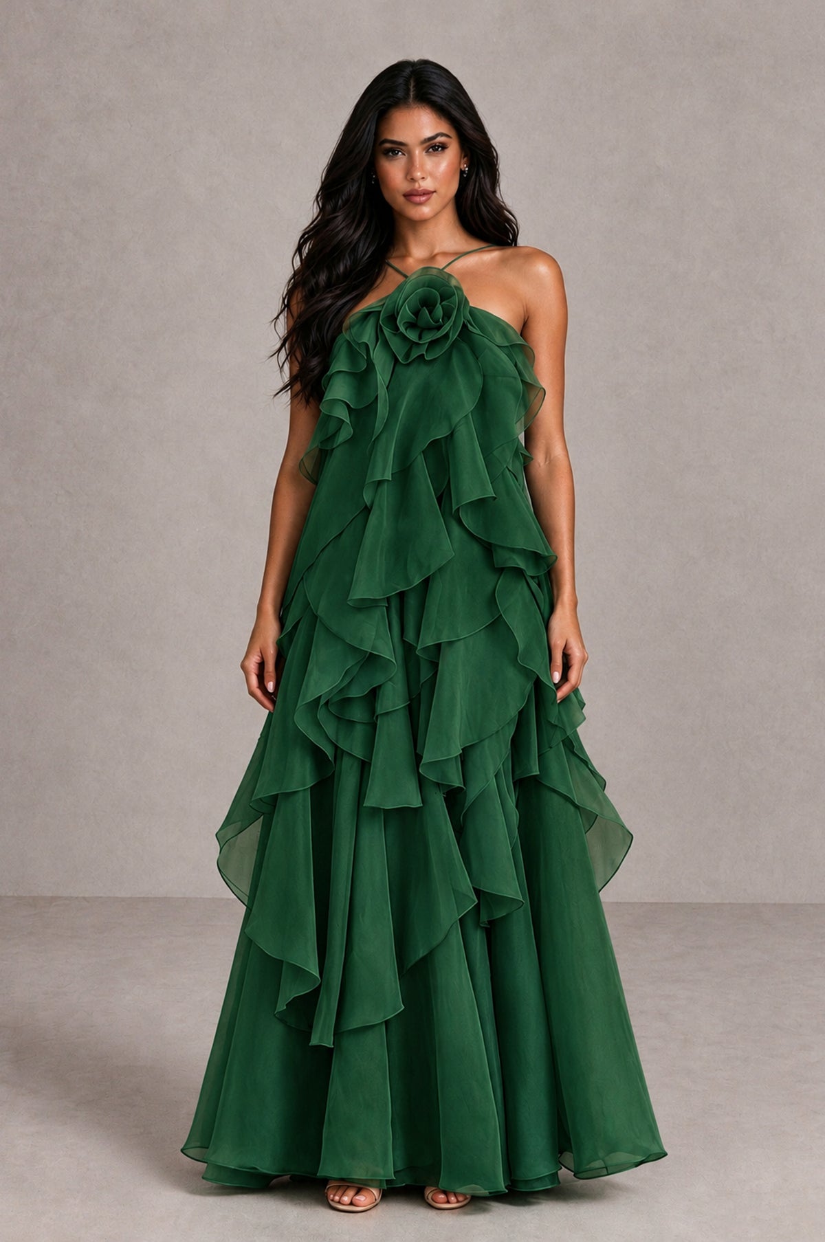 BOLODOO Emerald Green Cascading Ruffle Rosette Open-Back Maxi Dress - Emerald Green - Emerald Green_1
