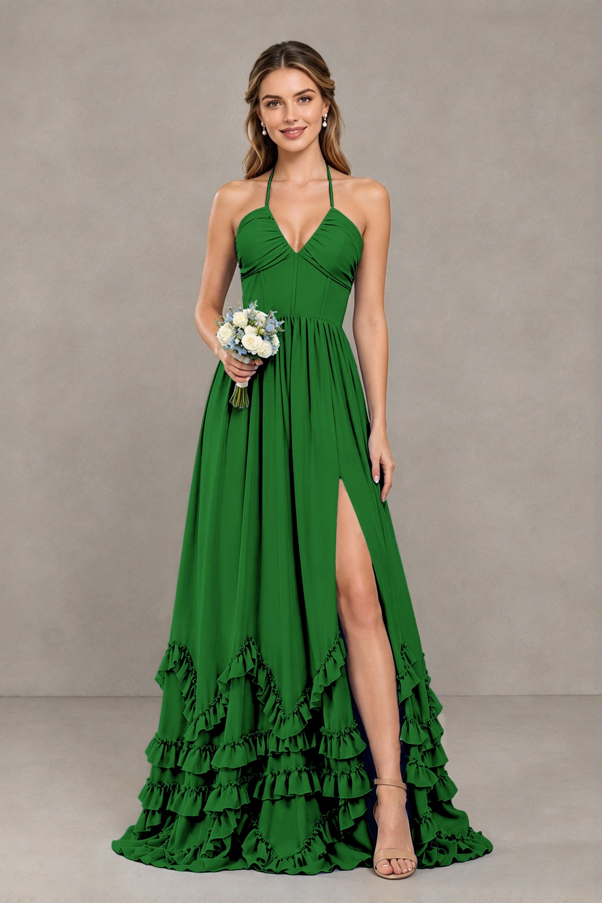 BOLODOO Emerald Green Halter Ruffle Hem A-Line Bridesmaid Dress with High Slit - Emerald Green - Emerald Green(1)
