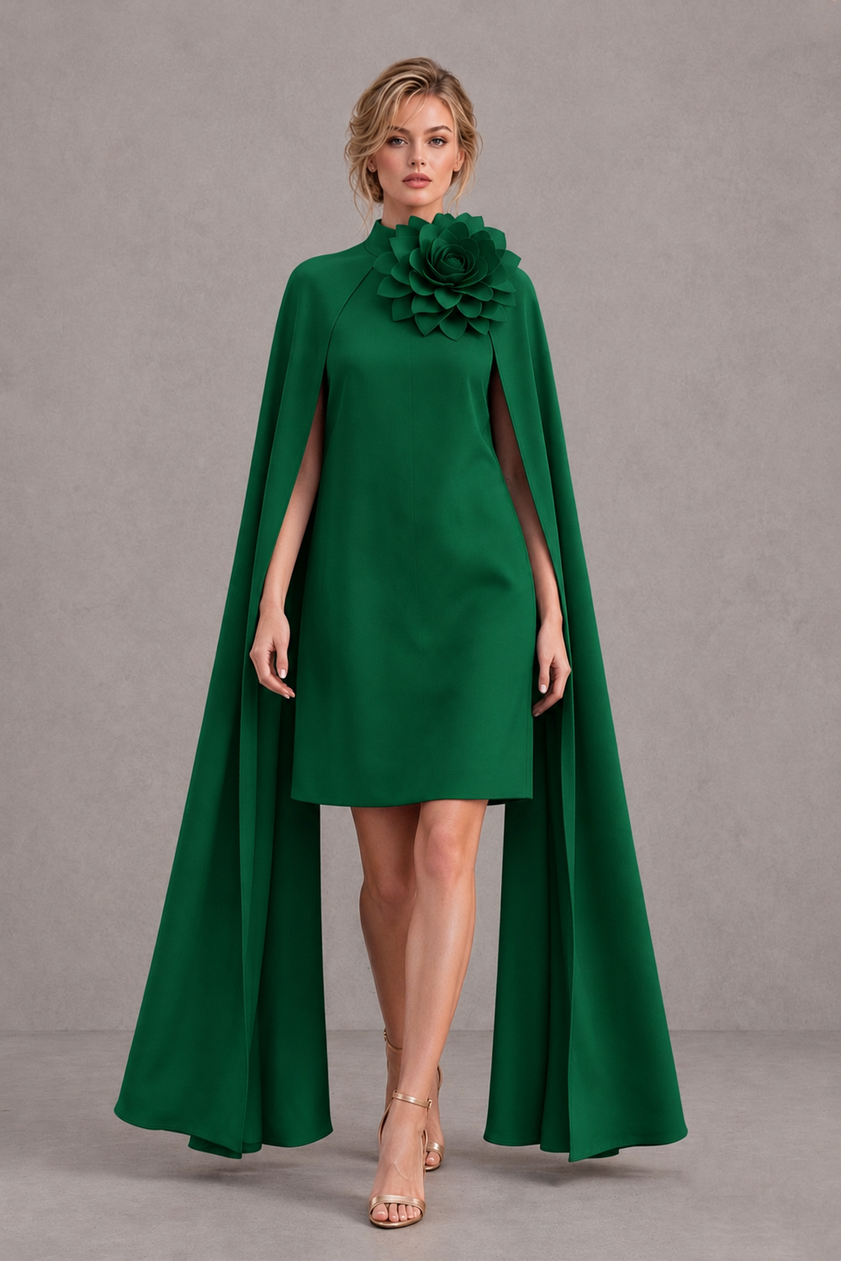 BOLODOO Emerald Green High Neck Floral Cape Mini Cocktail Dress - Emerald Green - Emerald Green_1