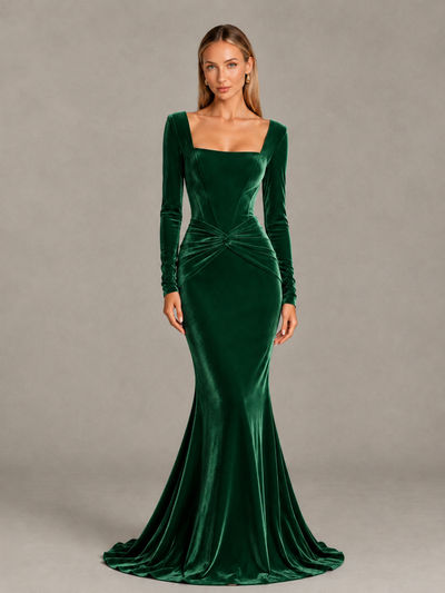 BOLODOO Emerald Green Velvet-Look Square Neck Long Sleeve Mermaid Evening Dress - Emerald Green - Emerald Green_1