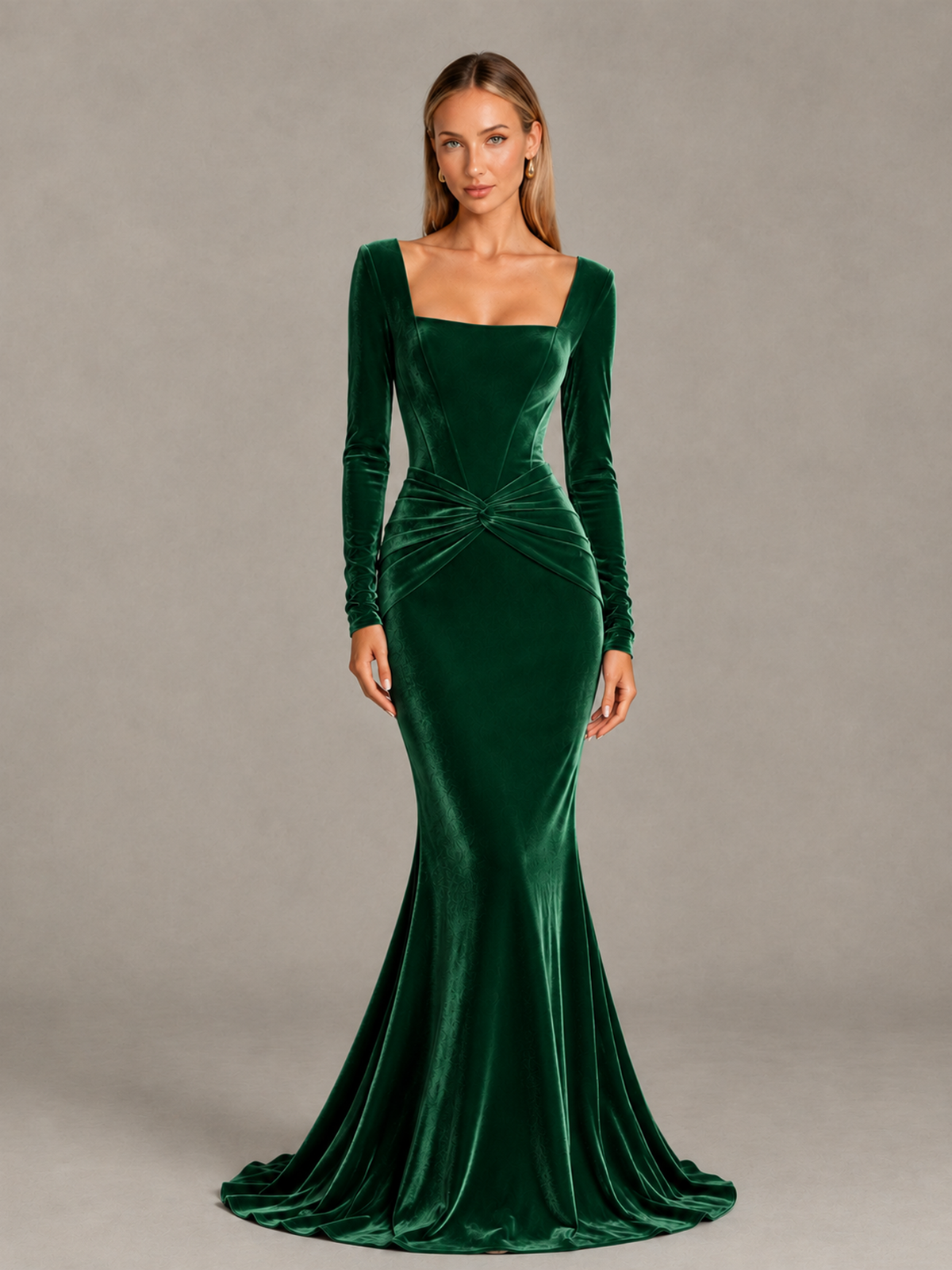 BOLODOO Emerald Green Velvet-Look Square Neck Long Sleeve Mermaid Evening Dress - Emerald Green - Emerald Green_1