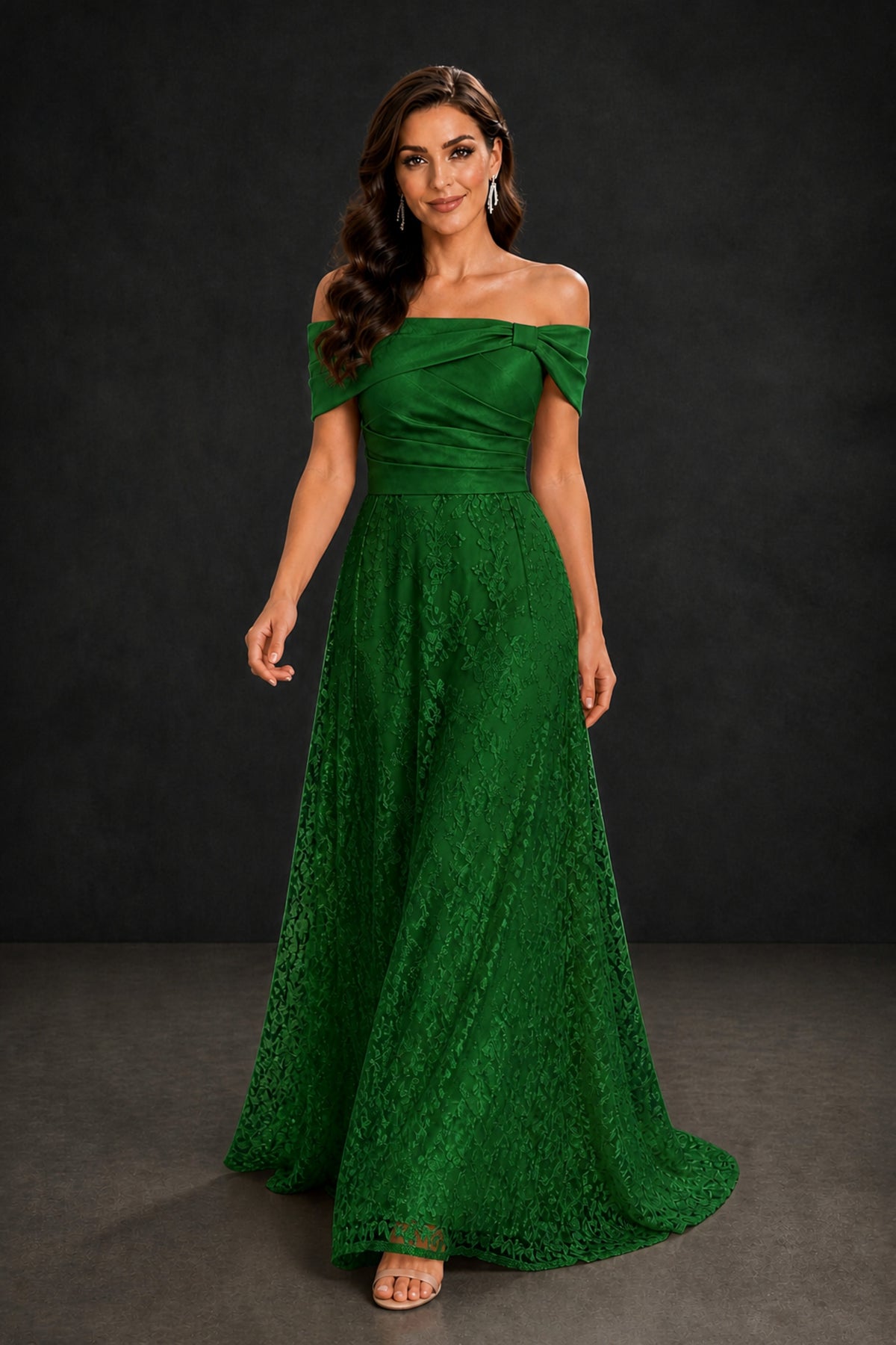BOLODOO Emerald Green Lace Glitter Off Shoulder Cap Sleeve A-Line Ball Gown with Train – Formal Evening Dress - Emerald Green