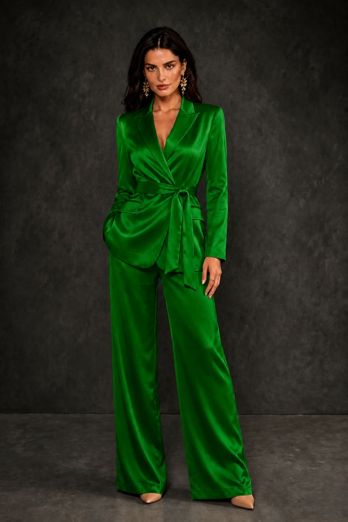 BOLODOO Emerald Green Satin Wrap Blazer Wide-Leg Pants Two-Piece Suit Set – Evening Gala Wedding Guest - Emerald Green