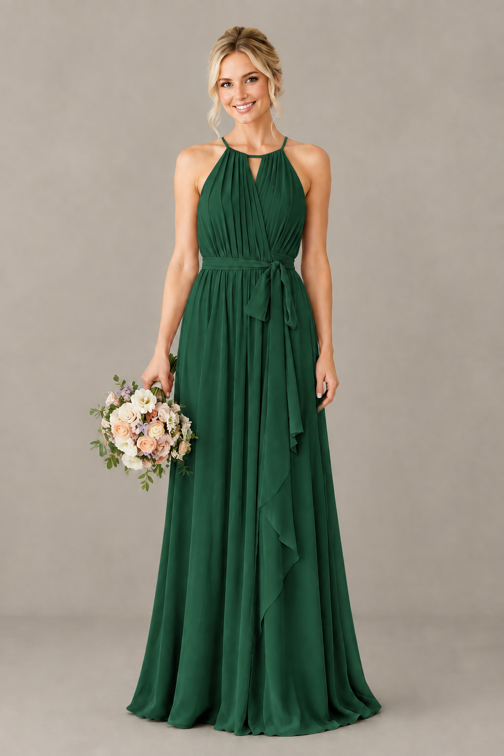 BOLODOO Emerald Green Halter Chiffon Bridesmaid Dress with High Slit - Emerald Green