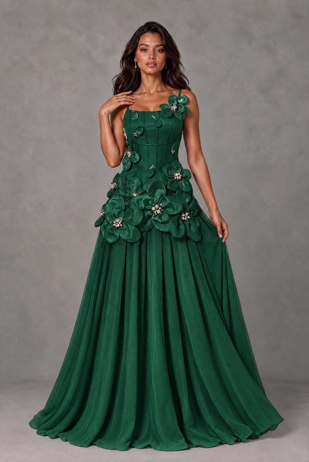 BOLODOO Emerald Green 3D Floral Appliqué Floor-Length A-Line Evening Gown - Emerald Green