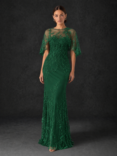 BOLODOO Mocha Rose Botanical Lace Flutter Sleeve Mermaid Gown - Emerald Green - Emerald Green