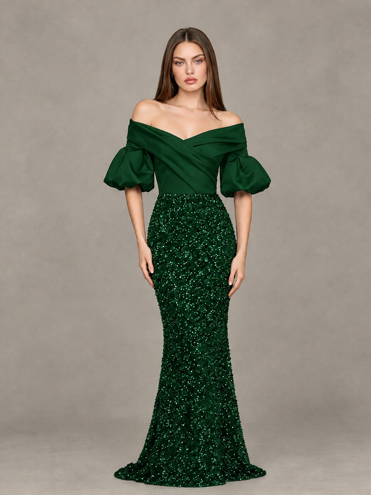 BOLODOO Emerald Green Off-Shoulder Puff Sleeve Sequin Mermaid Evening Dress - Emerald Green - Emerald Green_1