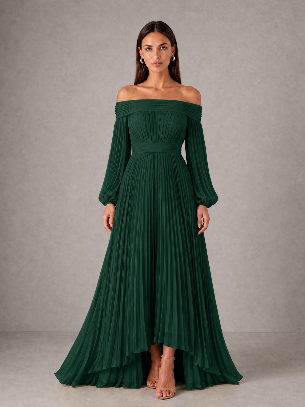 BOLODOO Emerald Green Off-Shoulder Long Sleeve Pleated High-Low Dress - Emerald Green - Emerald_Green_1