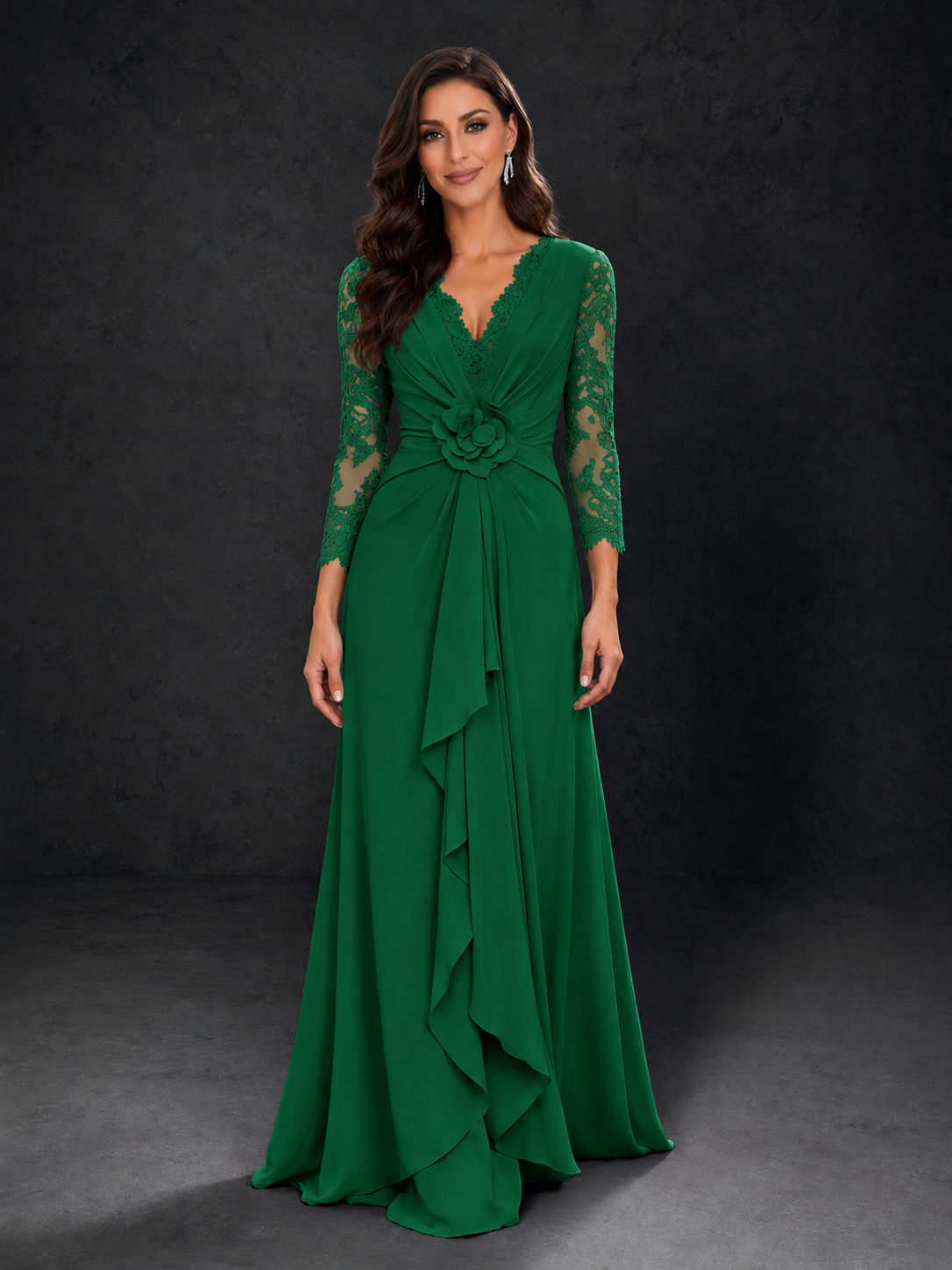 BOLODOO Emerald Green Lace Sleeve V-Neck Floral Waist Chiffon A-Line Maxi Dress - Emerald Green
