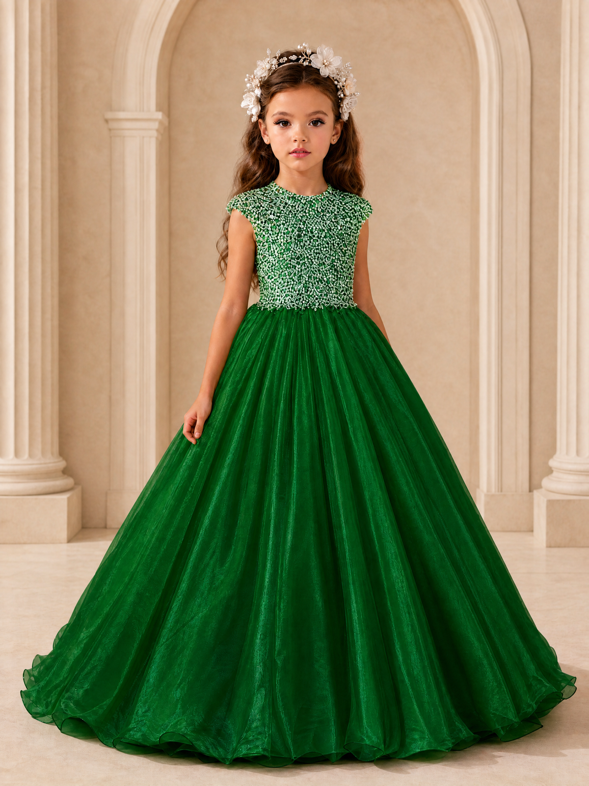 BOLODOO Emerald Green Sequin Tulle Flower Girl Dress with Cap Sleeves - Emerald Green - Emerald Green_1