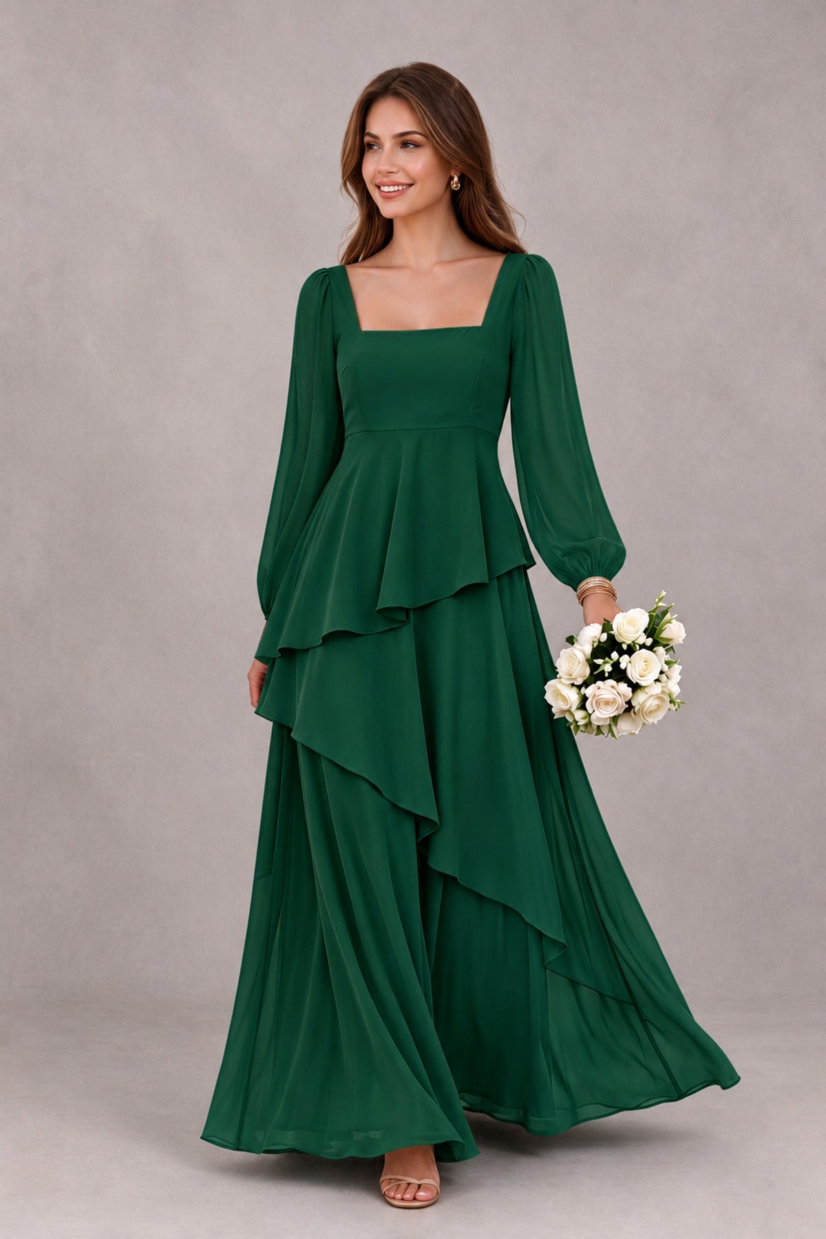 BOLODOO Emerald Green Long Sleeve Ruffle Bridesmaid Dresses - Emerald Green - Emerald Green_1