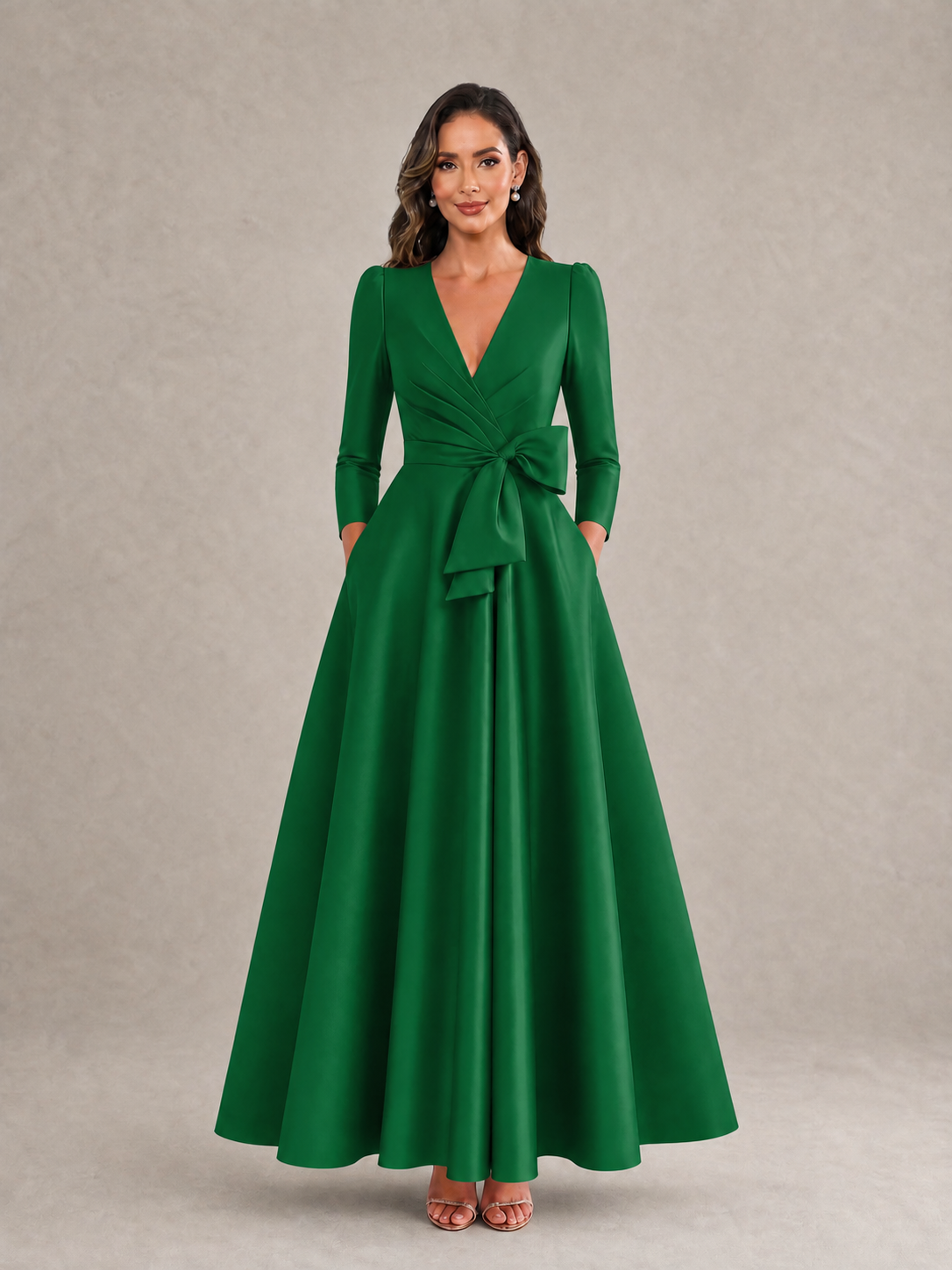 BOLODOO Emerald Green Satin Deep V-Neck Wrap 3/4 Puff Sleeve A-Line Ball Gown Maxi Dress with Oversized Bow Belt - Emerald Green