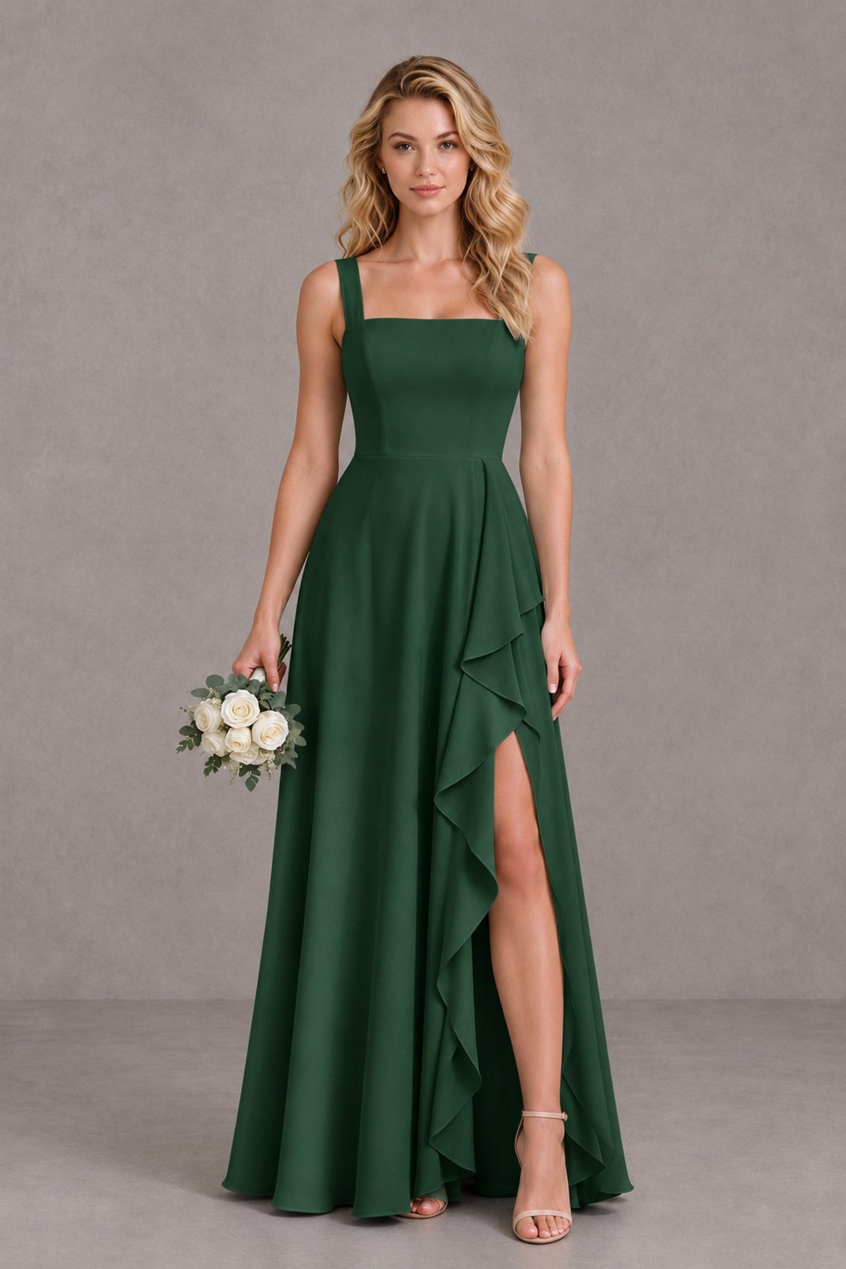 BOLODOO Emerald Green Square Neck Ruffle A-Line Bridesmaid Dress with Slit - Emerald Green - Emerald Green_1
