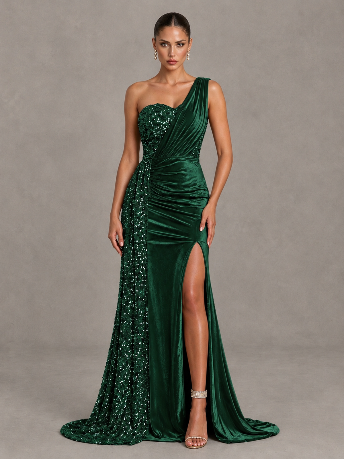 BOLODOO Emerald Green One-Shoulder Satin Sequin Gown with High Slit - Emerald Green - Emerald Green_1
