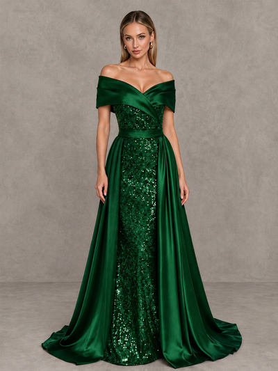 BOLODOO Emerald Green Sequin Mermaid Evening Dress with Detachable Satin Overskirt and Sweep Train - Emerald Green - Emerald Green_1