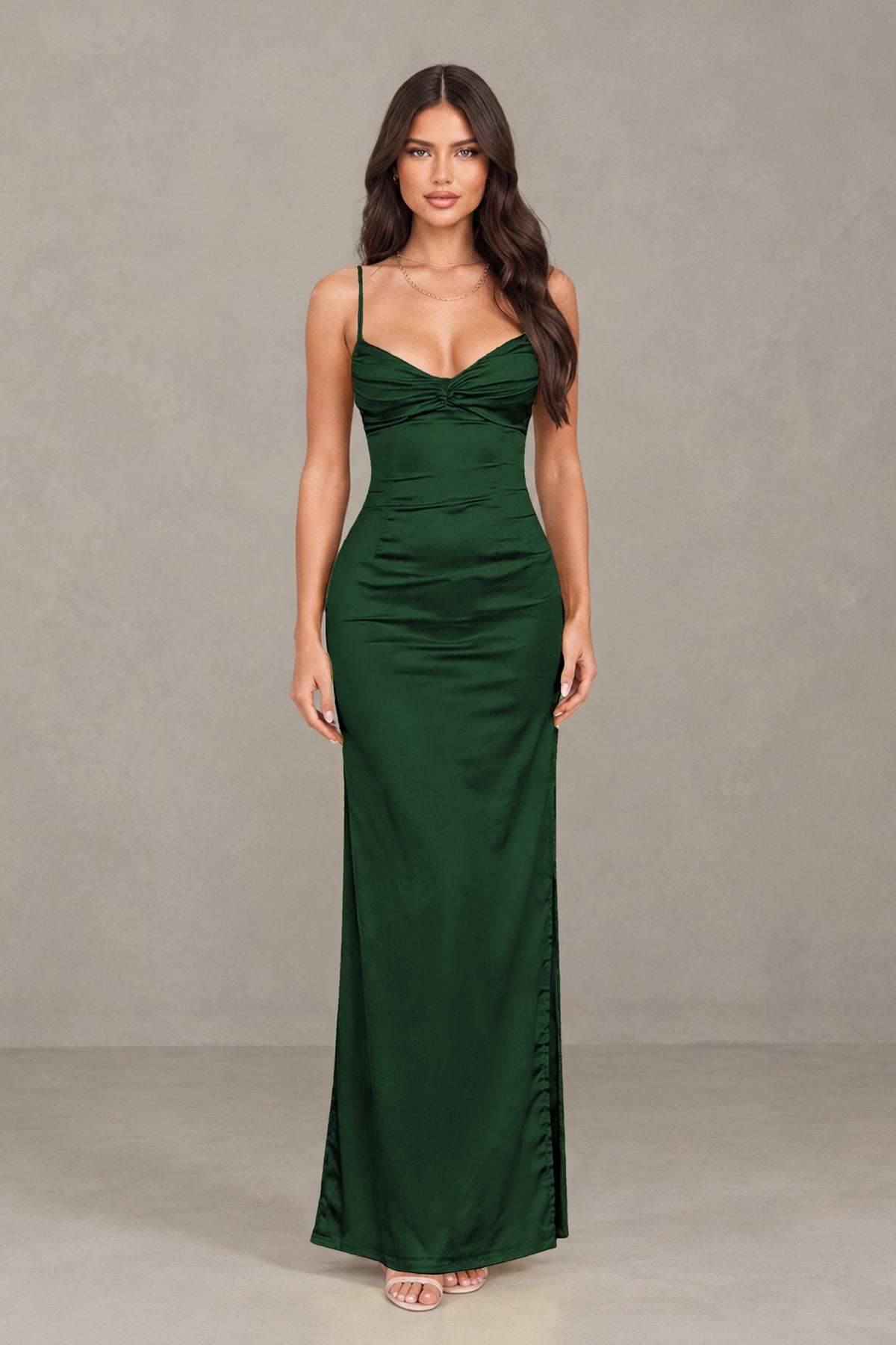BOLODOO Emerald Green Satin Cowl Neck Open Back Mermaid Maxi Dress with Side Slit - Emerald Green