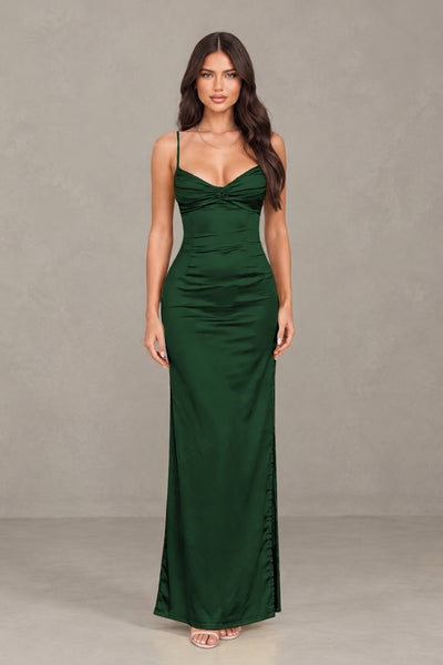 BOLODOO Emerald Green Satin Cowl Neck Open Back Mermaid Maxi Dress with Side Slit - Emerald Green